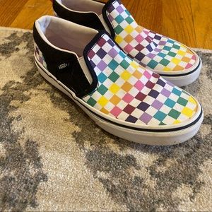 COPY - - Vans slip on Rainbow & white Checkerboard Skate shoes